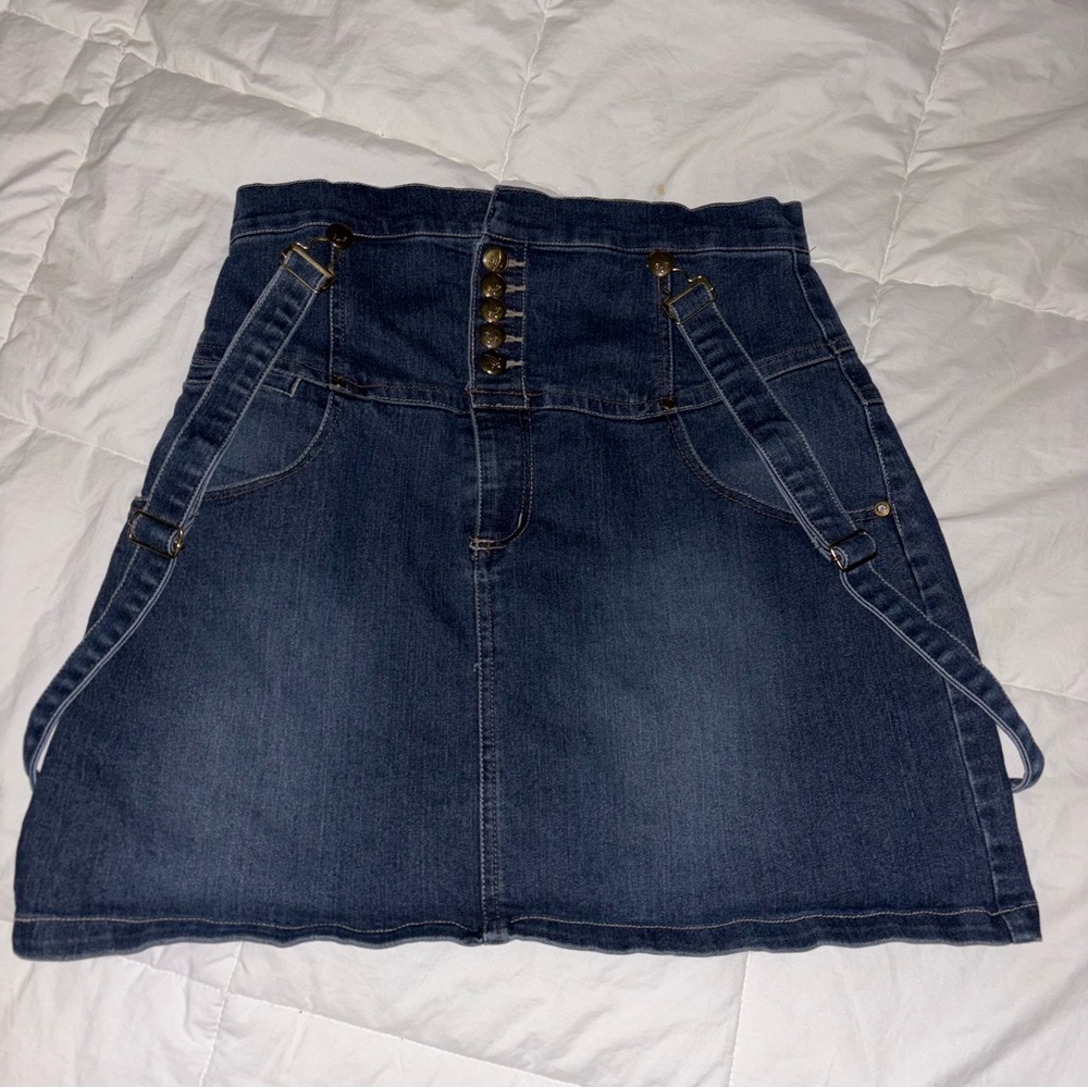 Lipsy Dark Blue Denim Mini Skirt with Button-Front and Strap Details